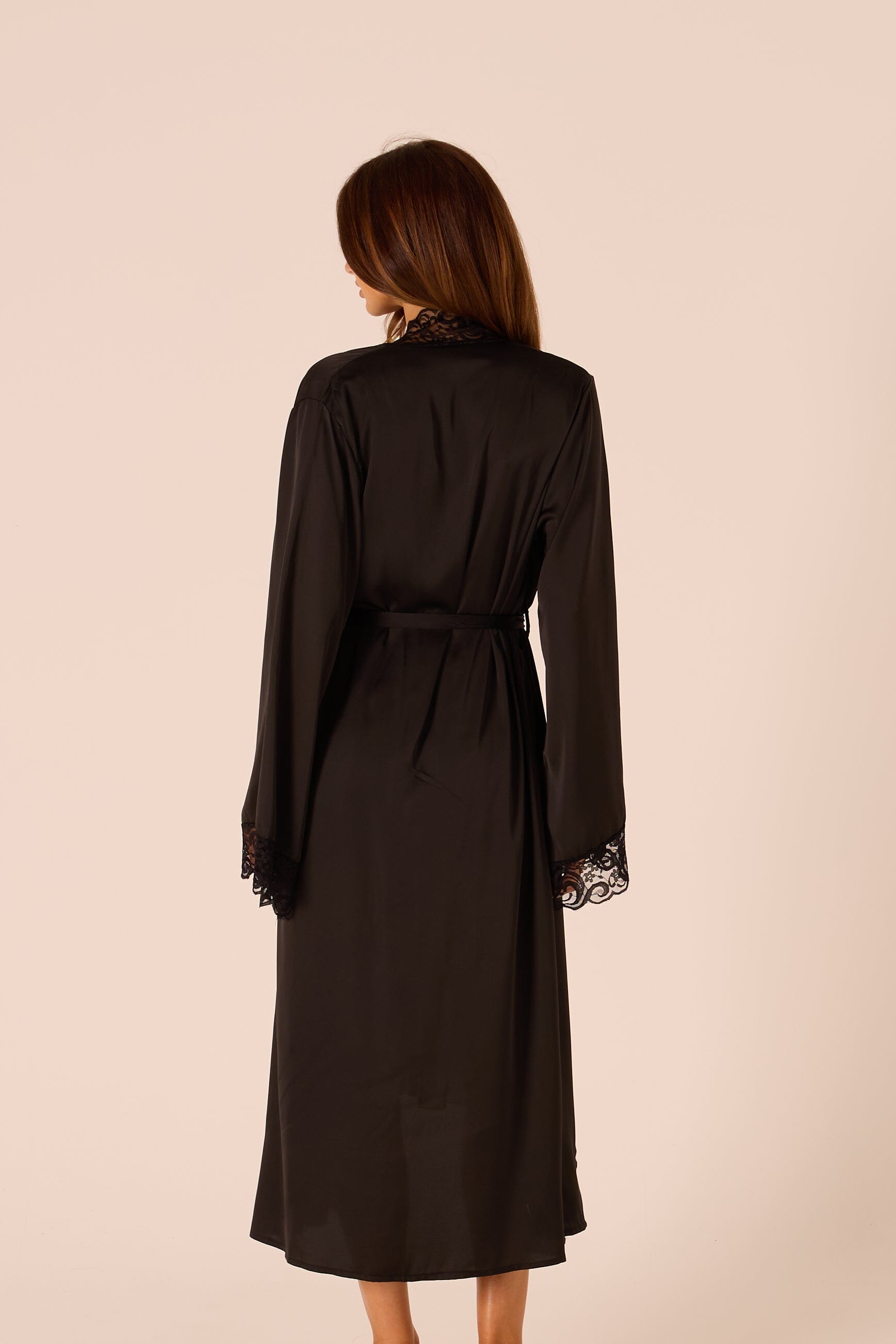 eirene black satin robe, shown from the back
