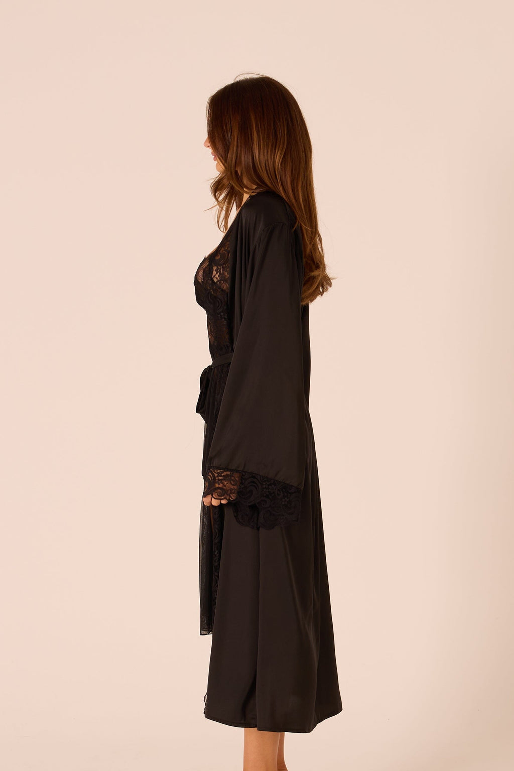 eirene black satin robe, alternate side view