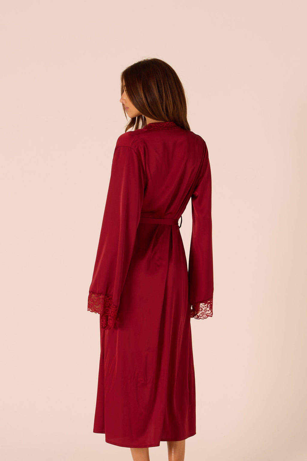 eirene red satin robe, shown from the back