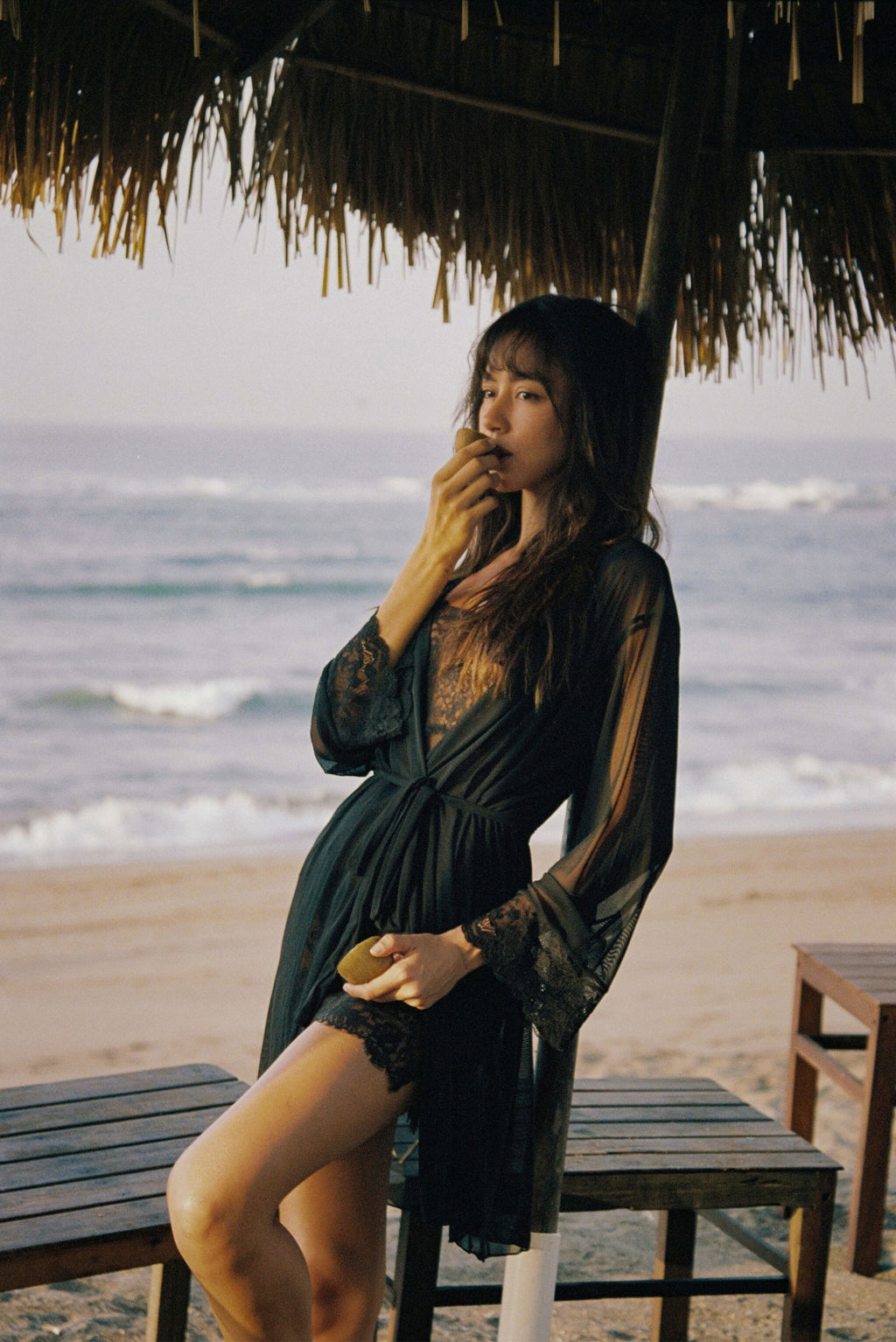 ilka black mesh robe, shown from the front