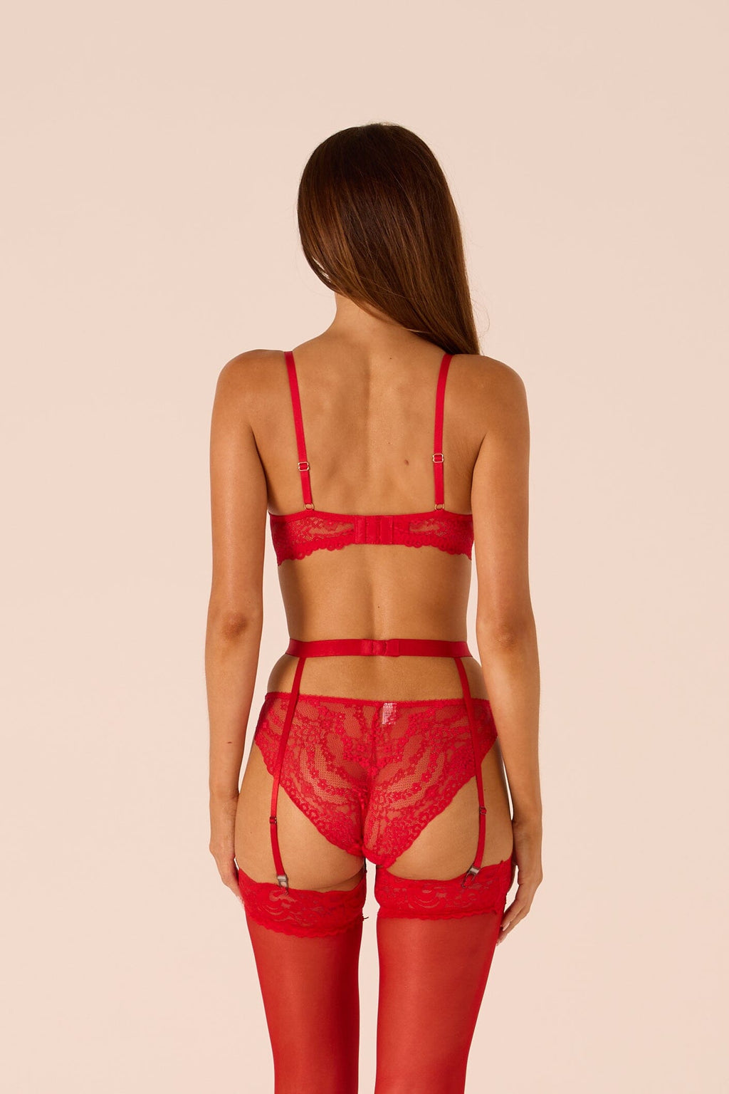 isla red lace three piece lingerie set, shown from the back